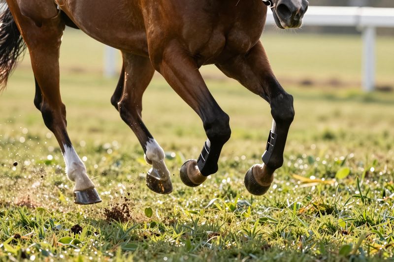 Illustration of a racehorse's hooves striking dewy turf mid-stride.