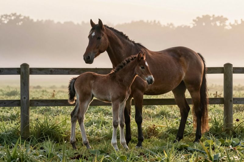 Illustration of a thoroughbred mare and her foal standing together in a misty pasture at sunrise.