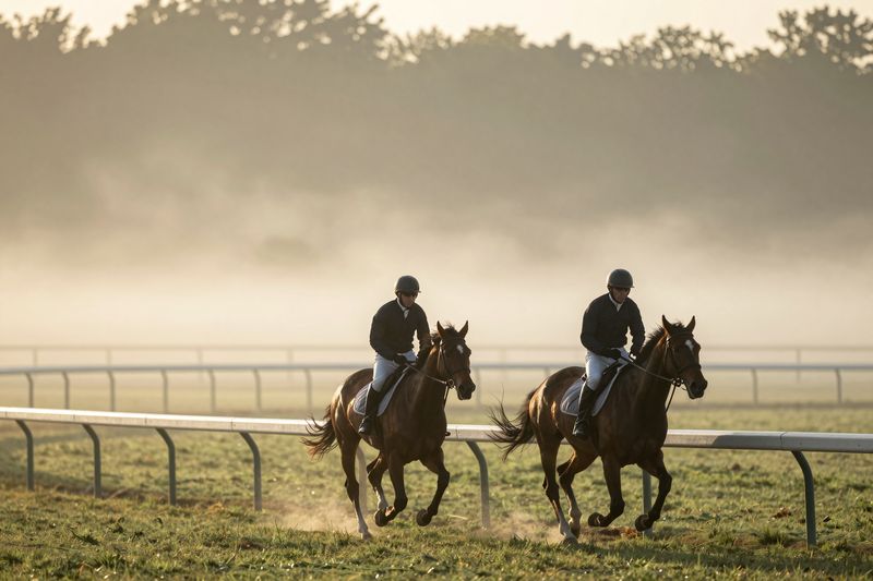 Illustration of two racehorses and exercise riders galloping along the rail through early morning fog.