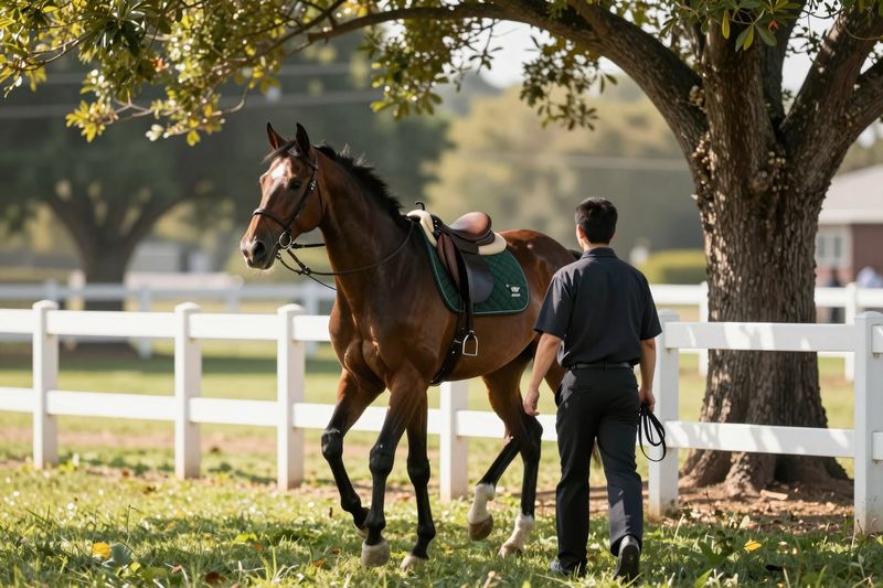 Illustration of a groom leading a bay thoroughbred around a shaded walking ring before a race.