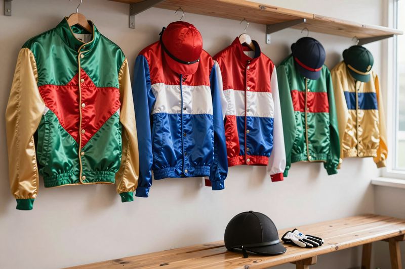 Illustration of colourful jockey silks and caps hanging on wooden pegs in a jockeys' room.